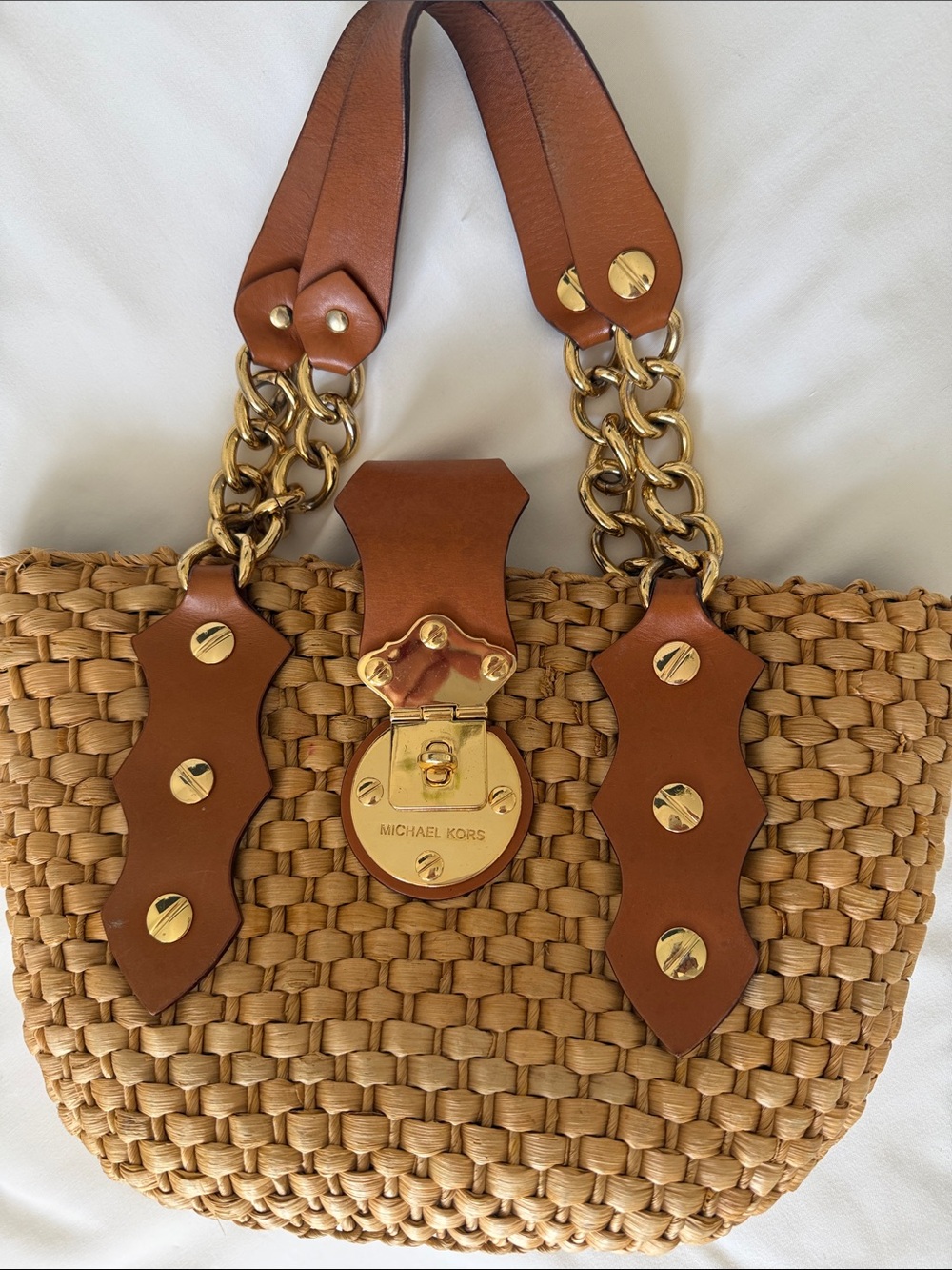 Michael Kors Tan Straw Mini Tote with Brown Leather and Gold Hardware